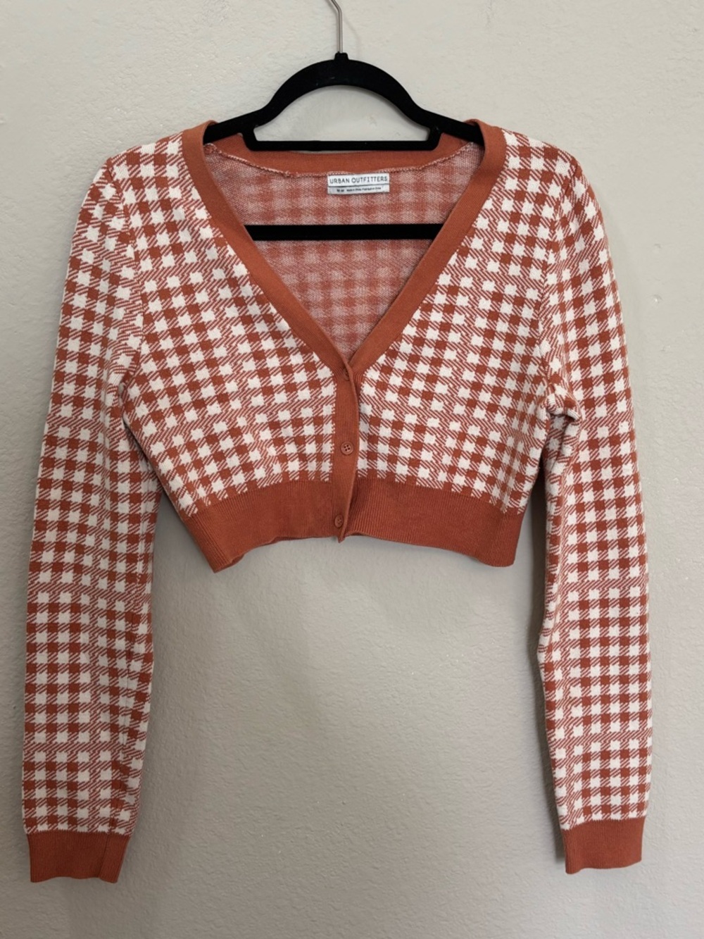 Urban Outfitters Cropped Cardigan Orange White Gingham Knit Sweater Size Medium